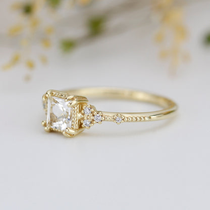 princess cut engagement ring, white topaz engagement ring, vintage inspired engagement ring |   R338WT