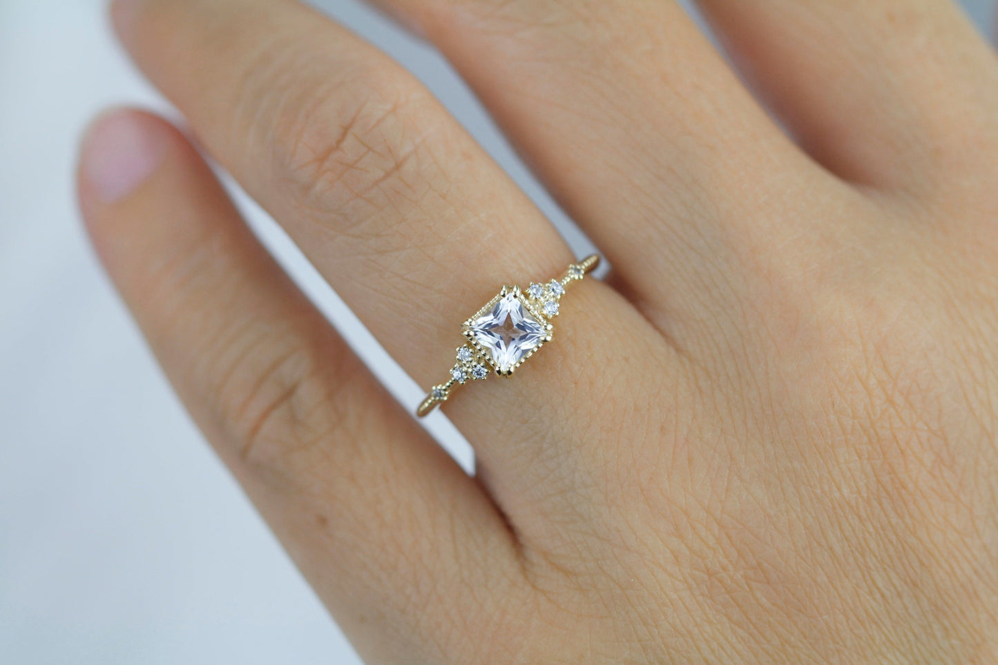 princess cut engagement ring, white topaz engagement ring, vintage inspired engagement ring |   R338WT