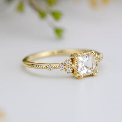 princess cut engagement ring, white topaz engagement ring, vintage inspired engagement ring |   R338WT