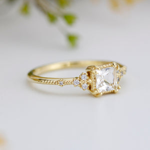 princess cut engagement ring, white topaz engagement ring, vintage inspired engagement ring |   R338WT