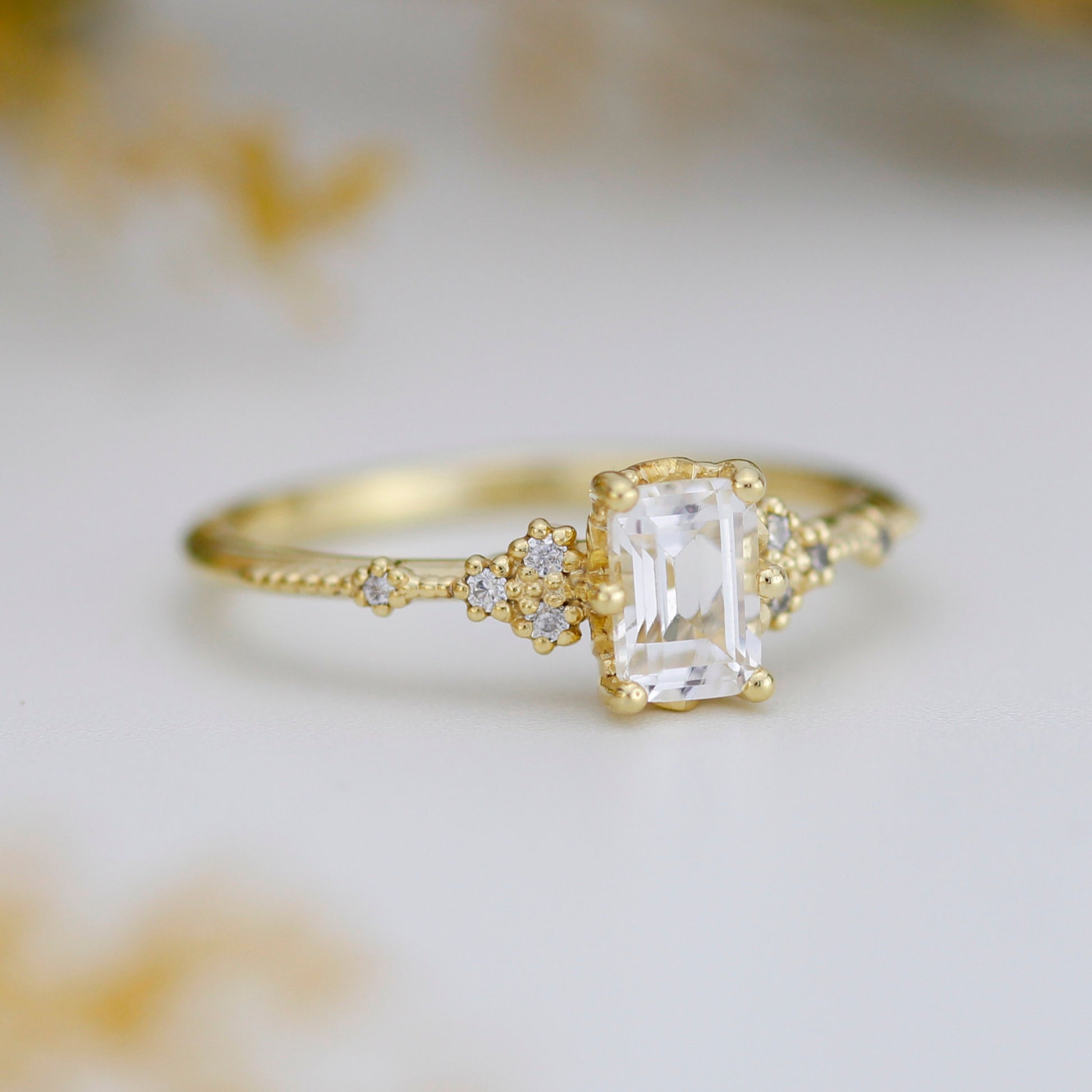 White topaz emerald cut engagement ring, diamond engagement ring ,nine stone ring, Gold diamond alternative ring, proposal ring, nooi 351AQ