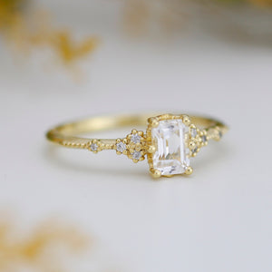 White topaz emerald cut engagement ring, diamond engagement ring ,nine stone ring, Gold diamond alternative ring, proposal ring, nooi 351AQ