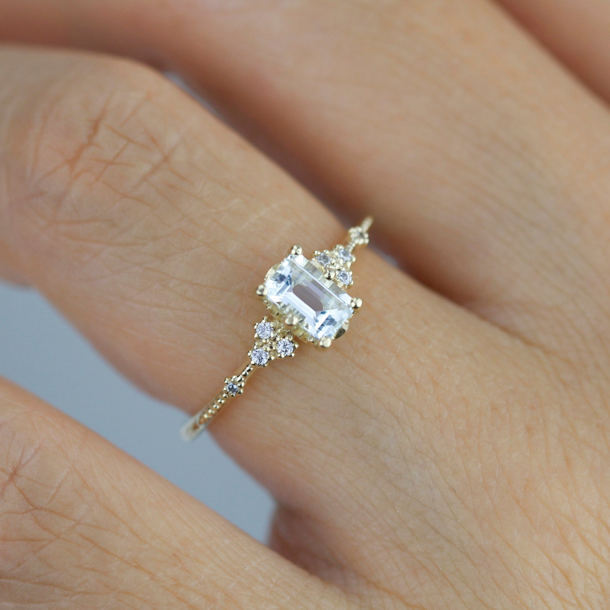 White topaz emerald cut engagement ring, diamond engagement ring ,nine stone ring, Gold diamond alternative ring, proposal ring, nooi 351AQ
