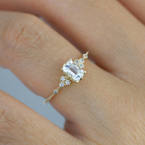 White topaz emerald cut engagement ring, diamond engagement ring ,nine stone ring, Gold diamond alternative ring, proposal ring, nooi 351AQ