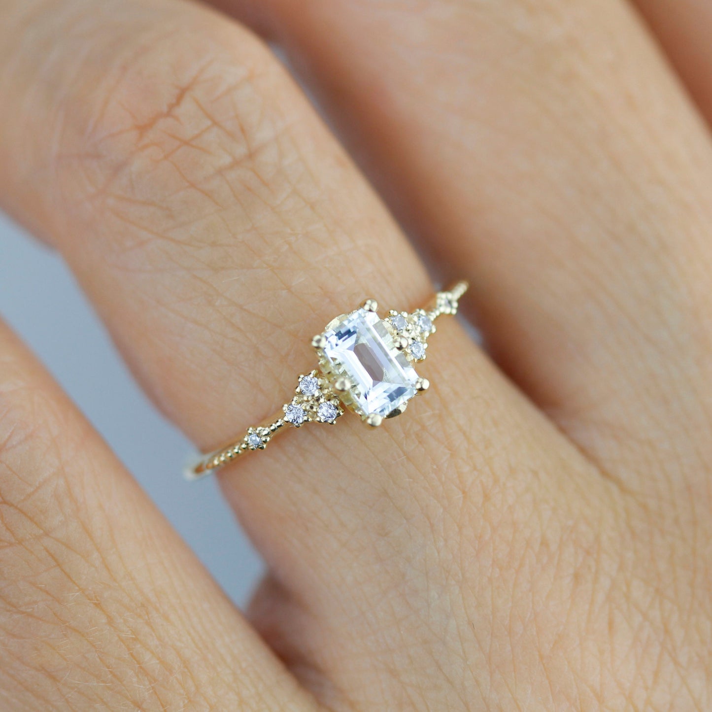 White topaz emerald cut engagement ring, diamond engagement ring ,nine stone ring, Gold diamond alternative ring, proposal ring, nooi 351AQ