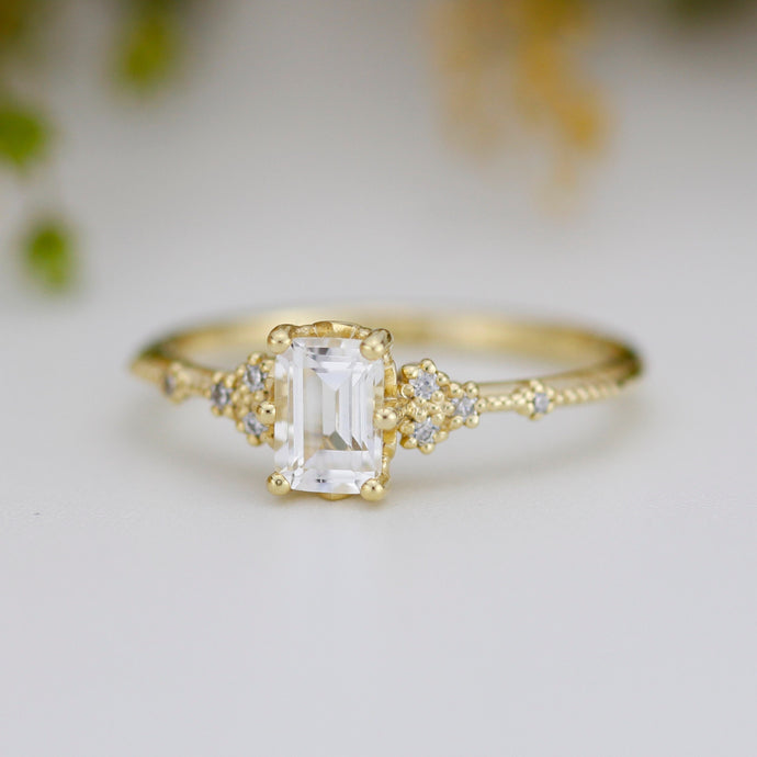 White topaz emerald cut engagement ring, diamond engagement ring ,nine stone ring, Gold diamond alternative ring, proposal ring, nooi 351AQ