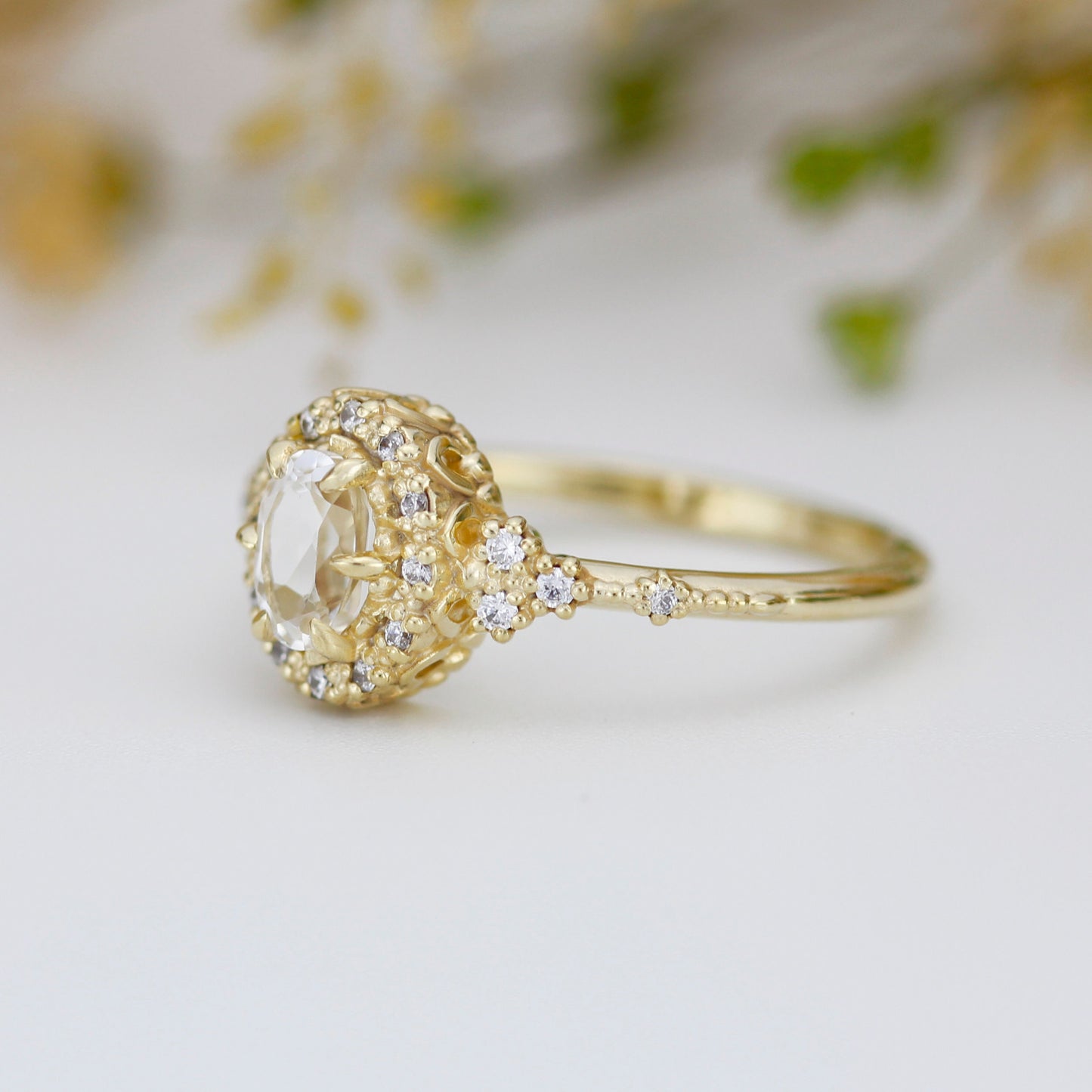 Oval engagement ring, unique ring white topaz and diamonds, diamond halo ring, cluster ring, leaf ring | R352WT