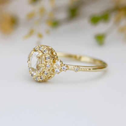 Oval engagement ring, unique ring white topaz and diamonds, diamond halo ring, cluster ring, leaf ring | R352WT