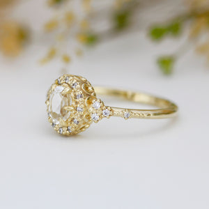Oval engagement ring, unique ring white topaz and diamonds, diamond halo ring, cluster ring, leaf ring | R352WT