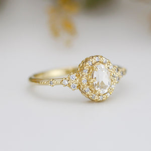Oval engagement ring, unique ring white topaz and diamonds, diamond halo ring, cluster ring, leaf ring | R352WT