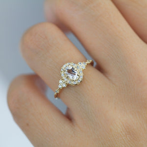 Oval engagement ring, unique ring white topaz and diamonds, diamond halo ring, cluster ring, leaf ring | R352WT