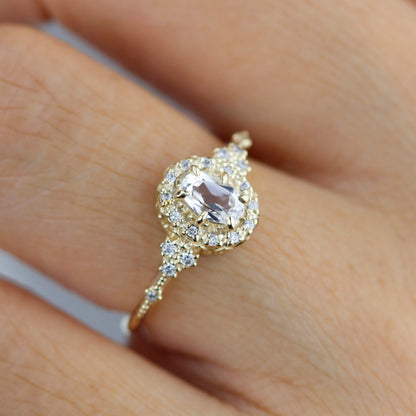 Oval engagement ring, unique ring white topaz and diamonds, diamond halo ring, cluster ring, leaf ring | R352WT