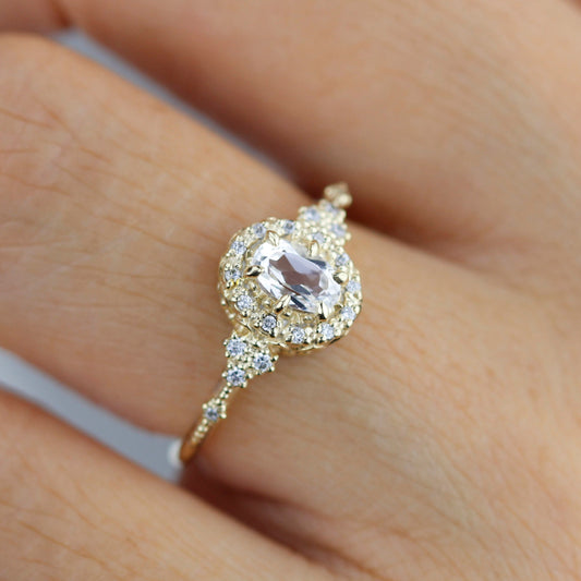 Oval engagement ring, unique ring white topaz and diamonds, diamond halo ring, cluster ring, leaf ring | R352WT