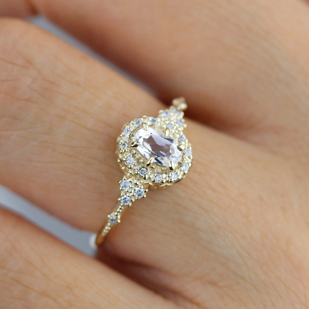 Oval engagement ring, unique ring white topaz and diamonds, diamond halo ring, cluster ring, leaf ring | R352WT
