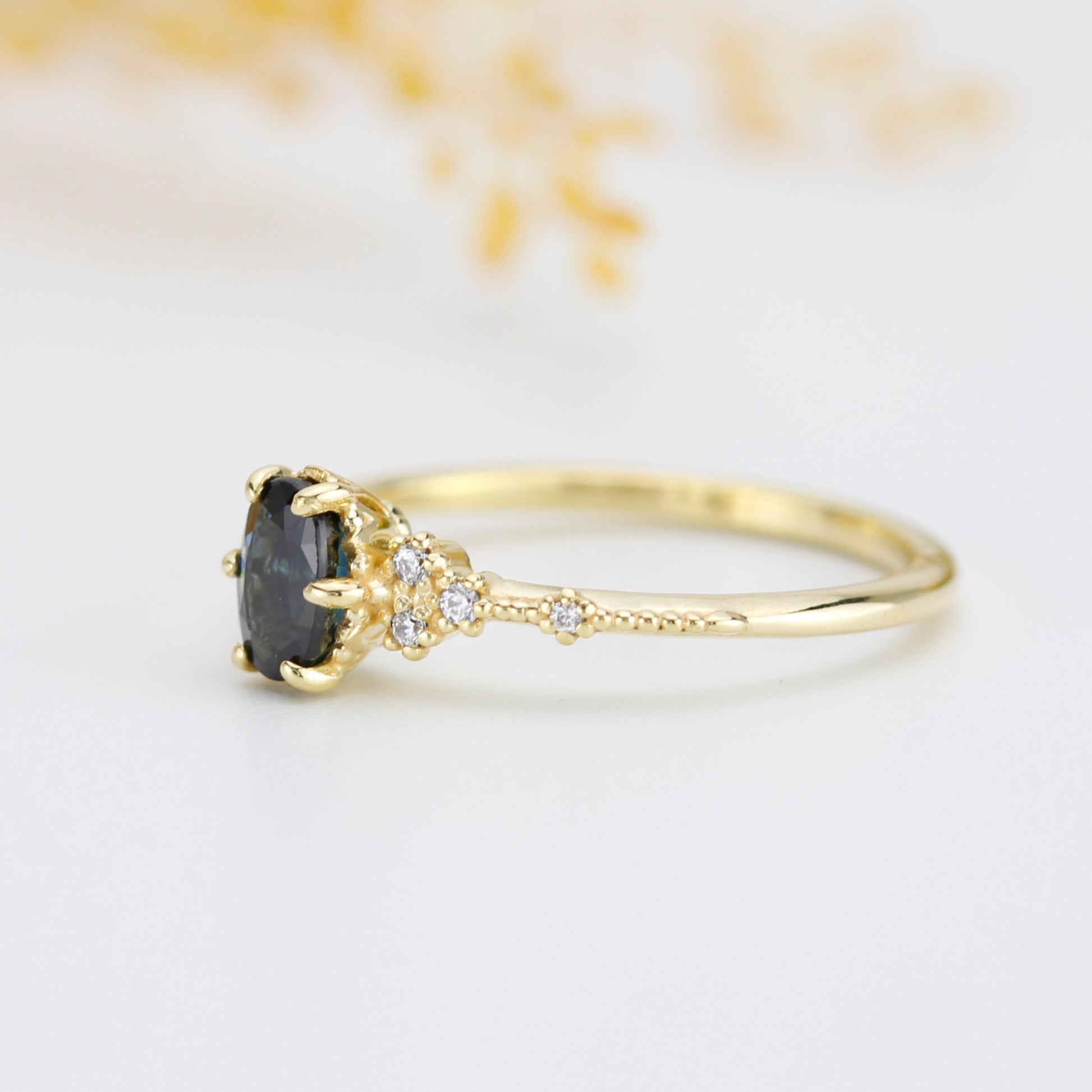Teal sapphire engagement ring, Teal Peacock Sapphire and diamond engagement ring, oval teal ring, vintage teal sapphire ring| R 350TEALS