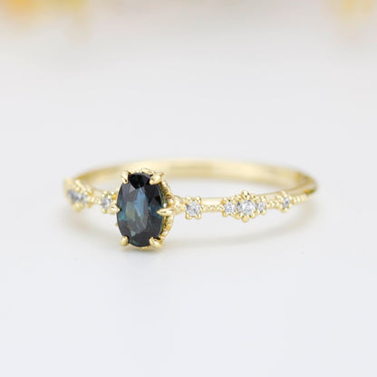 Teal Peacock Sapphire and diamond engagement ring, Teal sapphire engagement ring, vintage teal sapphire ring | R322TEALS