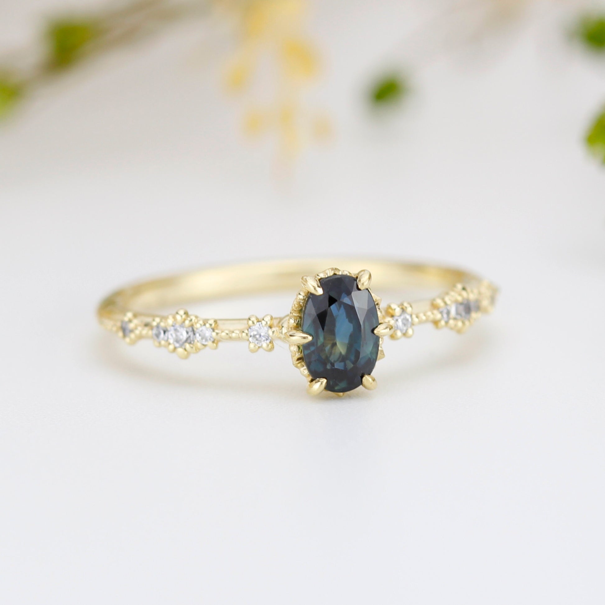 Teal Peacock Sapphire and diamond engagement ring, Teal sapphire engagement ring, vintage teal sapphire ring | R322TEALS