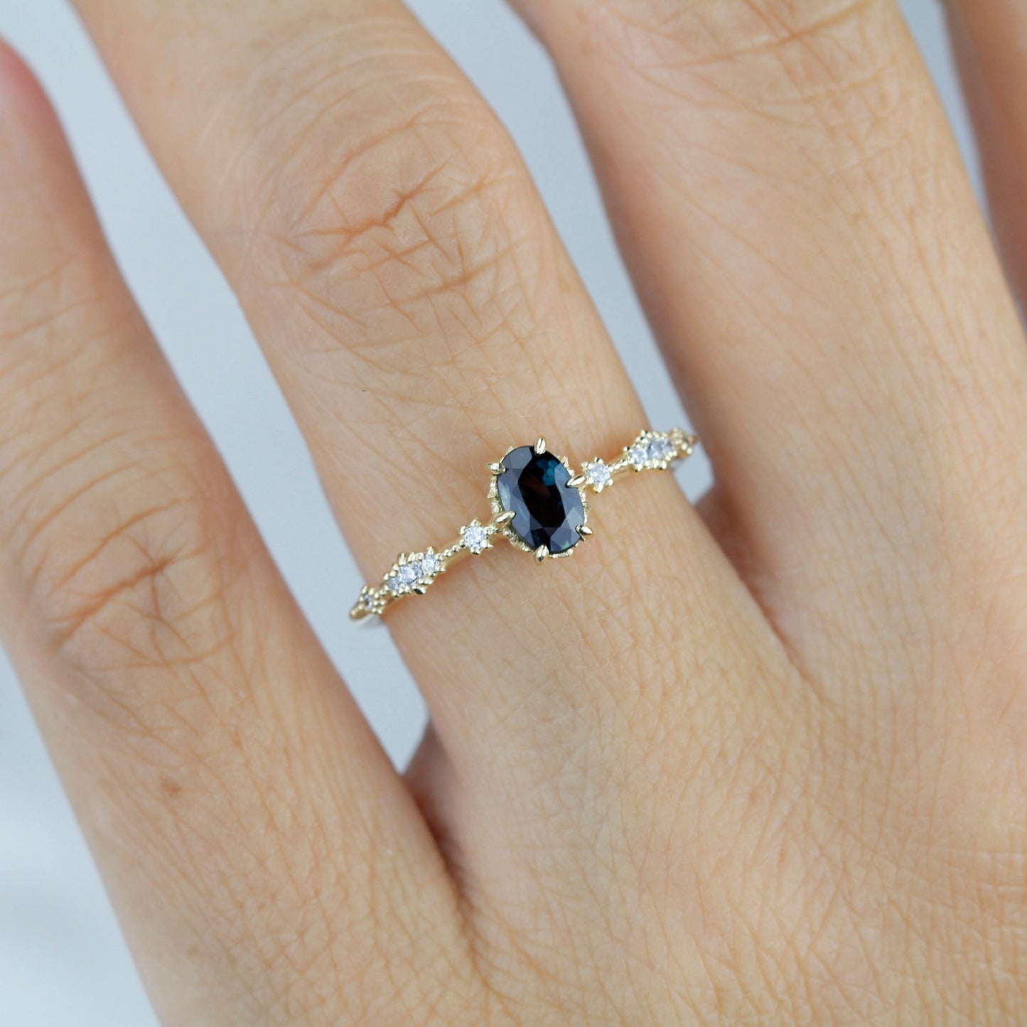 Teal Peacock Sapphire and diamond engagement ring, Teal sapphire engagement ring, vintage teal sapphire ring | R322TEALS