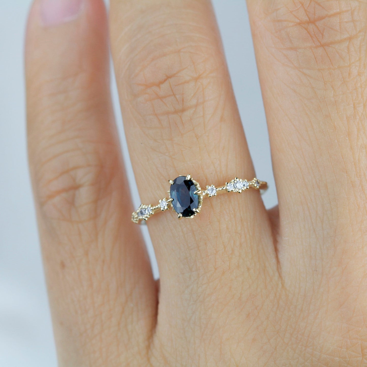 Teal Peacock Sapphire and diamond engagement ring, Teal sapphire engagement ring, vintage teal sapphire ring | R322TEALS