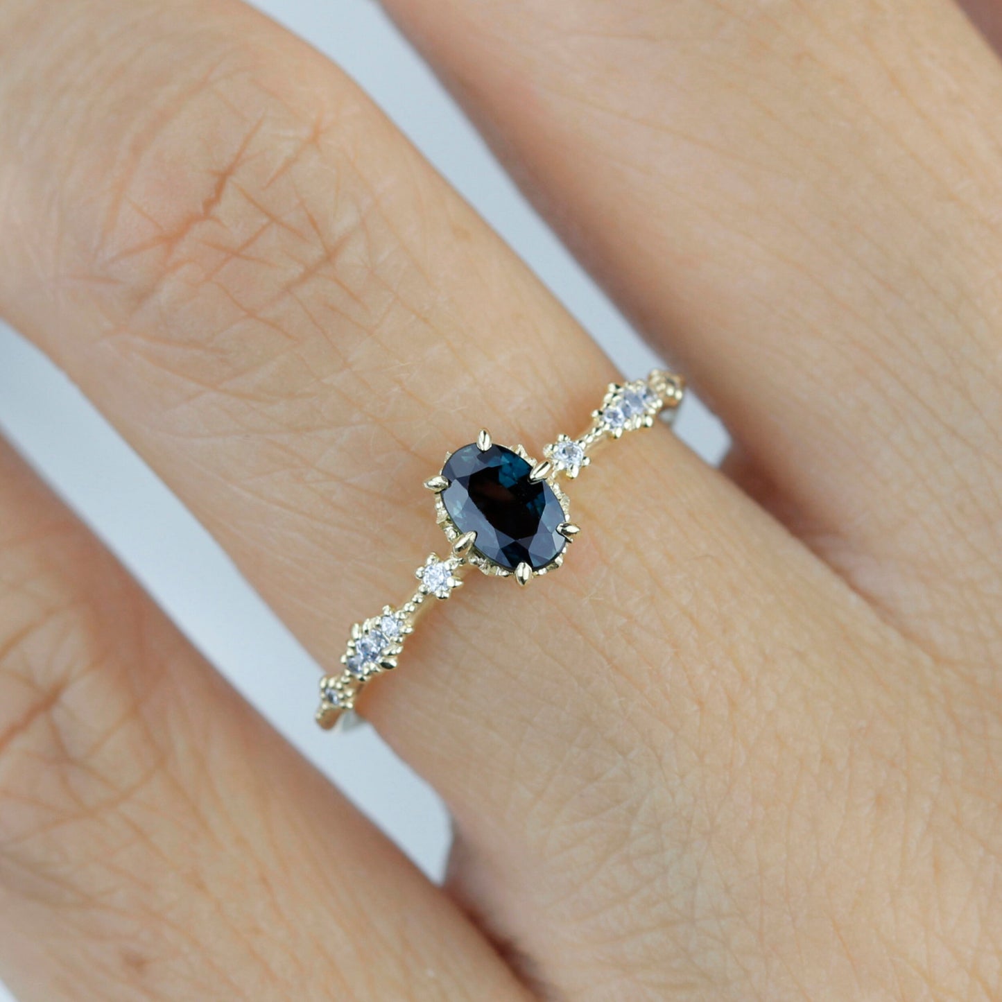 Teal Peacock Sapphire and diamond engagement ring, Teal sapphire engagement ring, vintage teal sapphire ring | R322TEALS