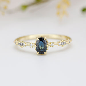 Teal Peacock Sapphire and diamond engagement ring, Teal sapphire engagement ring, vintage teal sapphire ring | R322TEALS