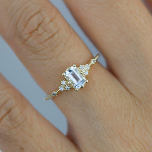 Aquamarine emerald cut engagement ring, diamond engagement ring ,nine stone ring, Gold diamond alternative ring, princess ring,nooi | R351AQ