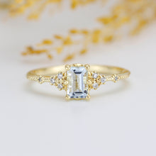 Load image into Gallery viewer, Aquamarine emerald cut engagement ring, diamond engagement ring ,nine stone ring, Gold diamond alternative ring, princess ring,nooi | R351AQ