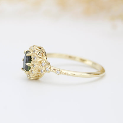 Oval teal Sapphire engagement ring, unique ring peacock sapphire, diamond halo ring, color change ring, cluster ring, leaf ring | R352TEALS