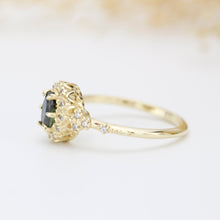 Load image into Gallery viewer, Oval teal Sapphire engagement ring, unique ring peacock sapphire, diamond halo ring, color change ring, cluster ring, leaf ring | R352TEALS
