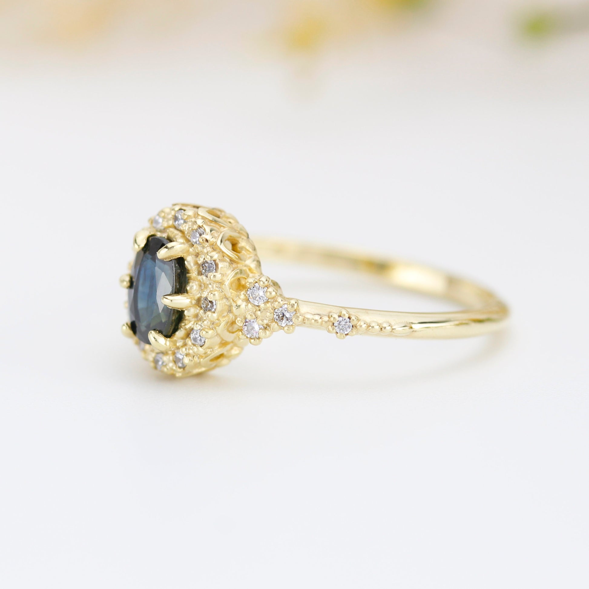 Oval teal Sapphire engagement ring, unique ring peacock sapphire, diamond halo ring, color change ring, cluster ring, leaf ring | R352TEALS