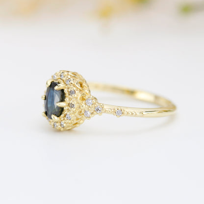 Oval teal Sapphire engagement ring, unique ring peacock sapphire, diamond halo ring, color change ring, cluster ring, leaf ring | R352TEALS