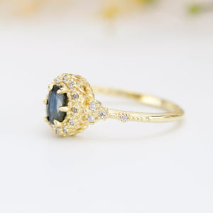 Oval teal Sapphire engagement ring, unique ring peacock sapphire, diamond halo ring, color change ring, cluster ring, leaf ring | R352TEALS