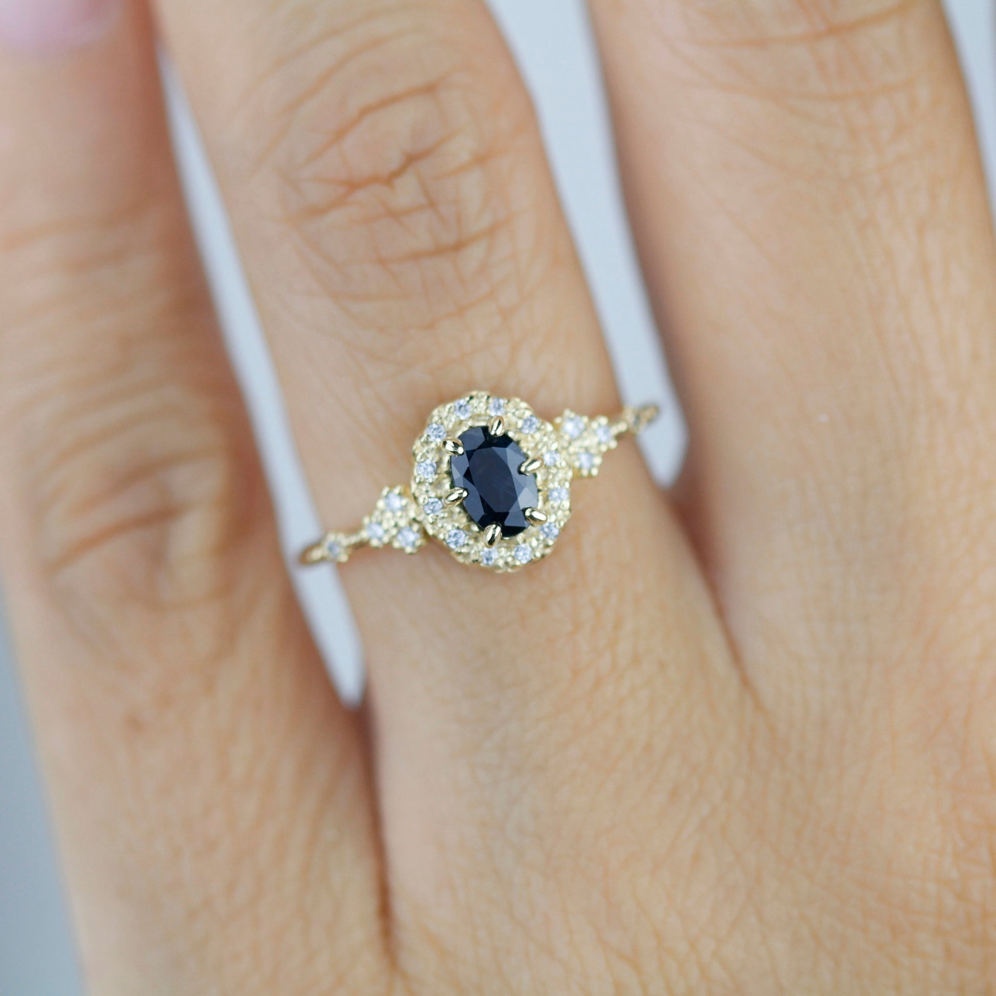 Oval teal Sapphire engagement ring, unique ring peacock sapphire, diamond halo ring, color change ring, cluster ring, leaf ring | R352TEALS