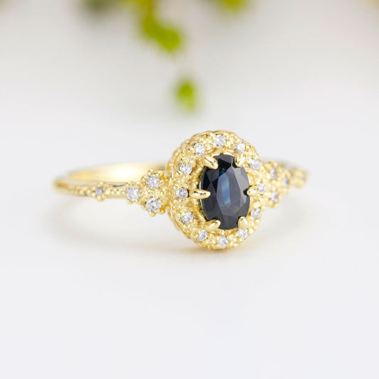 Oval teal Sapphire engagement ring, unique ring peacock sapphire, diamond halo ring, color change ring, cluster ring, leaf ring | R352TEALS