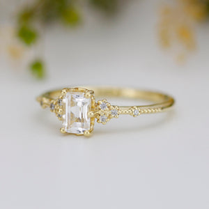 White topaz emerald cut engagement ring, diamond engagement ring ,nine stone ring, Gold diamond alternative ring, proposal ring, nooi 351AQ