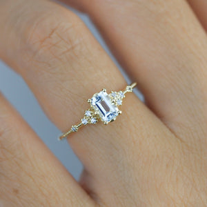 White topaz emerald cut engagement ring, diamond engagement ring ,nine stone ring, Gold diamond alternative ring, proposal ring, nooi 351AQ