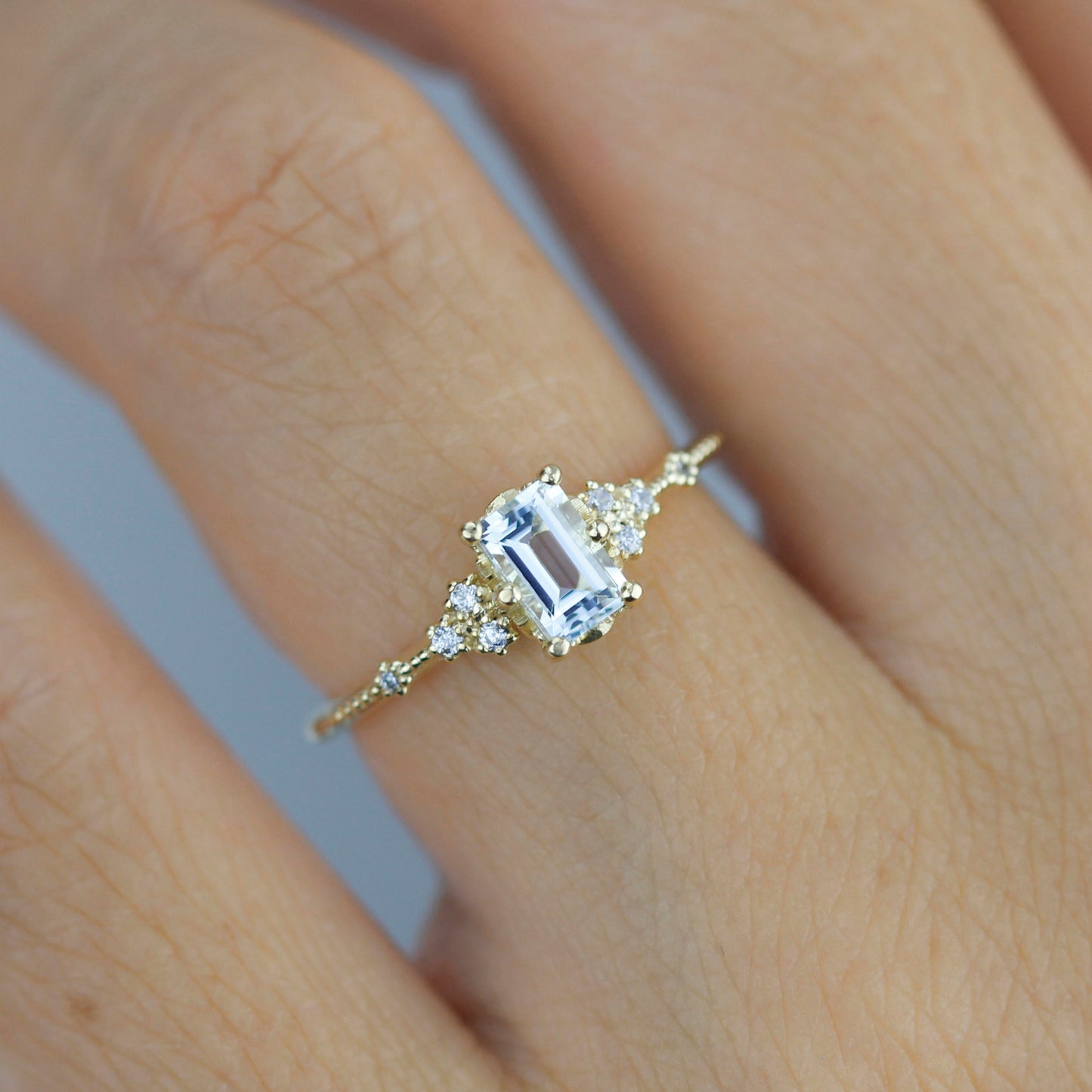 White topaz emerald cut engagement ring, diamond engagement ring ,nine stone ring, Gold diamond alternative ring, proposal ring, nooi 351AQ