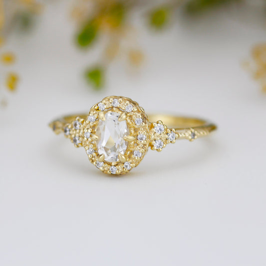 Oval engagement ring, unique ring white topaz and diamonds, diamond halo ring, cluster ring, leaf ring | R352WT