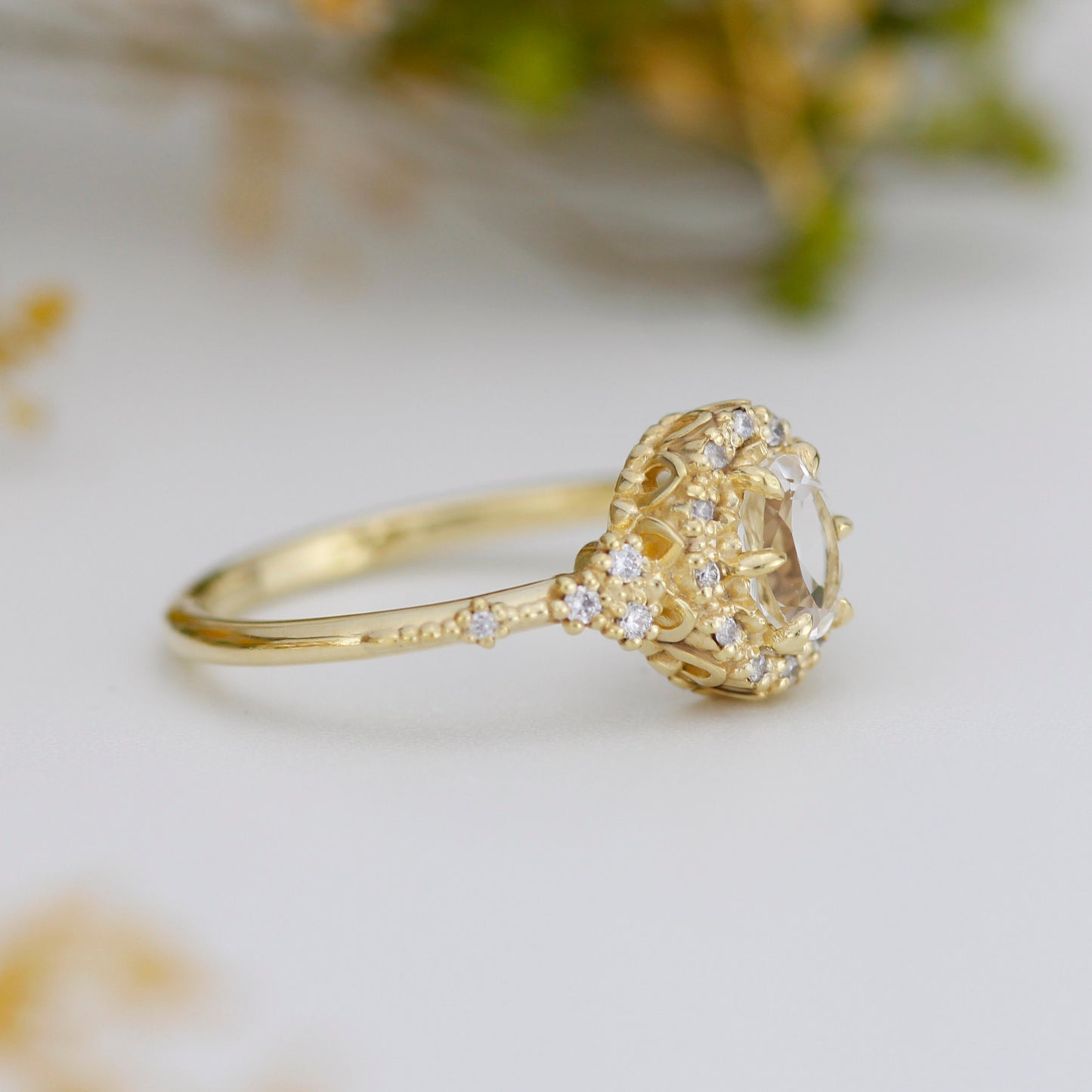 Oval engagement ring, unique ring white topaz and diamonds, diamond halo ring, cluster ring, leaf ring | R352WT