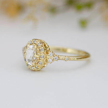 Oval engagement ring, unique ring white topaz and diamonds, diamond halo ring, cluster ring, leaf ring | R352WT