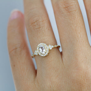 Oval engagement ring, unique ring white topaz and diamonds, diamond halo ring, cluster ring, leaf ring | R352WT