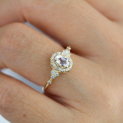 Oval engagement ring, unique ring white topaz and diamonds, diamond halo ring, cluster ring, leaf ring | R352WT