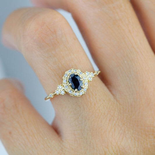 Oval teal Sapphire engagement ring, unique ring peacock sapphire, diamond halo ring, color change ring, cluster ring, leaf ring | R352TEALS