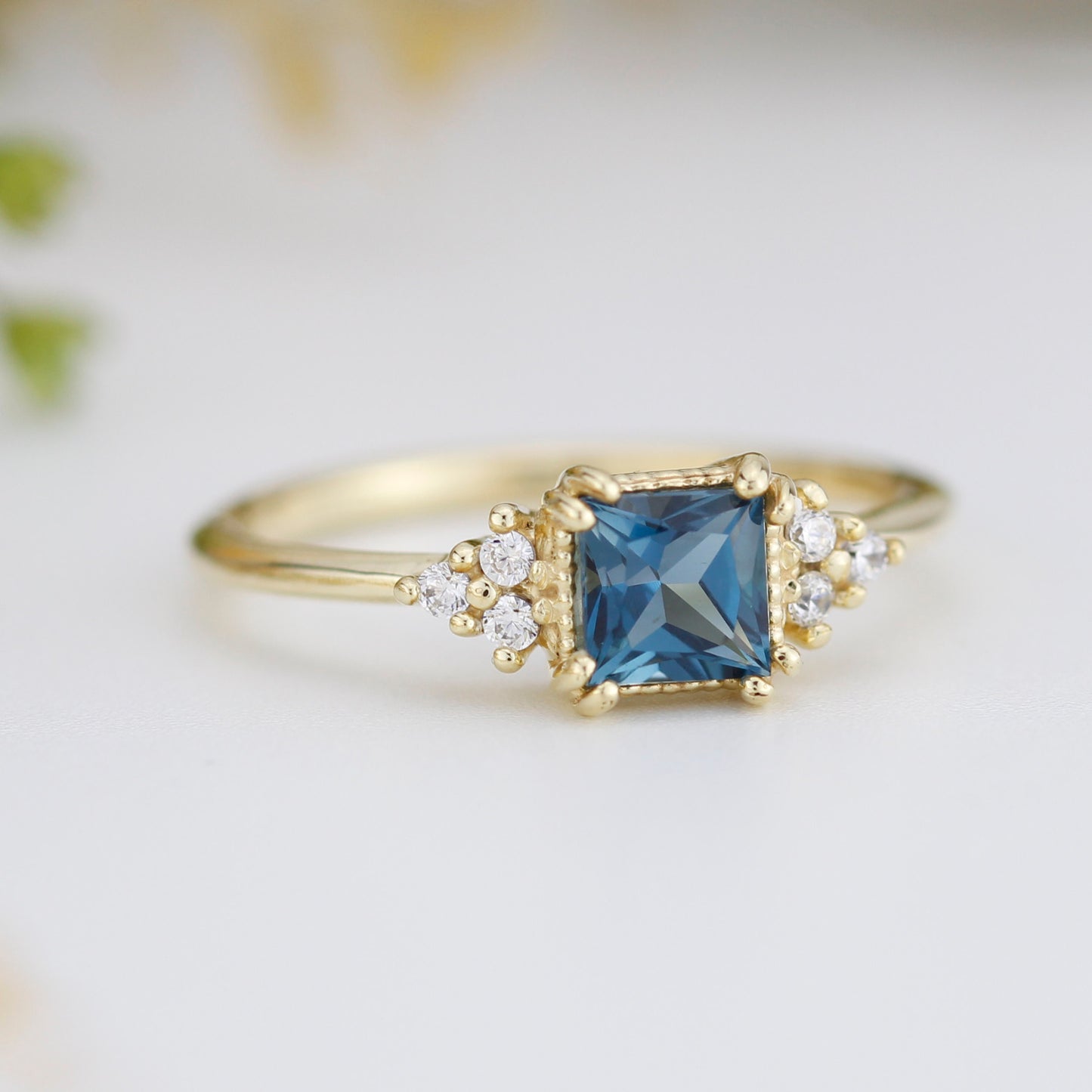 Princess cut engagement ring, square engagement ring, blue topaz engagement ring for women, 18k gold ring made in Italy | R 344LBT
