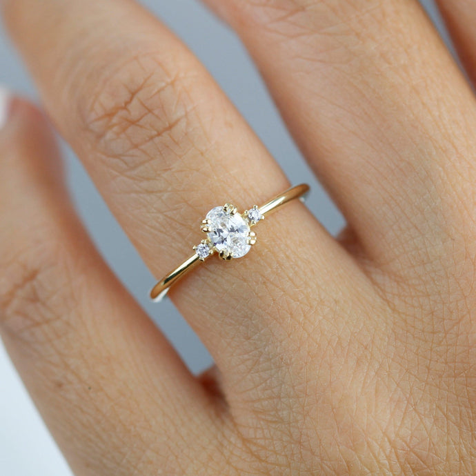 Three stone moissanite engagement ring, oval moissanite engagement ring, half carat certificated moissanite ring | R235MOIS