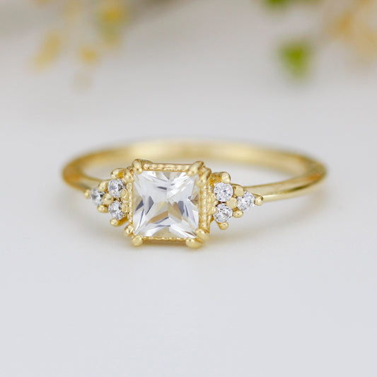 Princess cut engagement ring, diamond ring, simple ring, white topaz and diamond ring, simple diamond ring | R 344WT