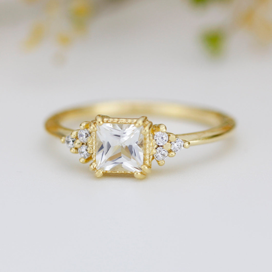 Princess cut engagement ring, diamond ring, simple ring, white topaz and diamond ring, simple diamond ring | R 344WT
