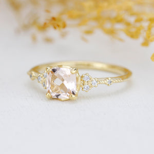 simple ring unique, champagne morganite, cushion cut ring, morganite and gold, ring unique simple | R353MO