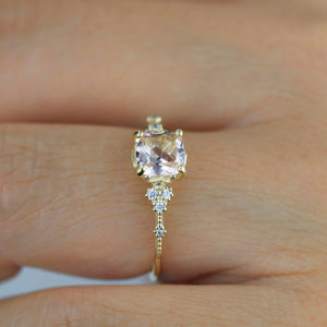 simple ring unique, champagne morganite, cushion cut ring, morganite and gold, ring unique simple | R353MO