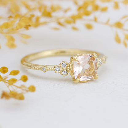 simple ring unique, champagne morganite, cushion cut ring, morganite and gold, ring unique simple | R353MO